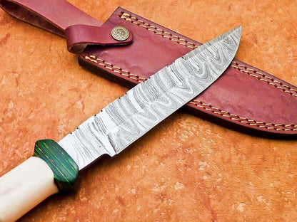 12" Damascus Bowie Knife with Camel Bone & Hardwood Handle