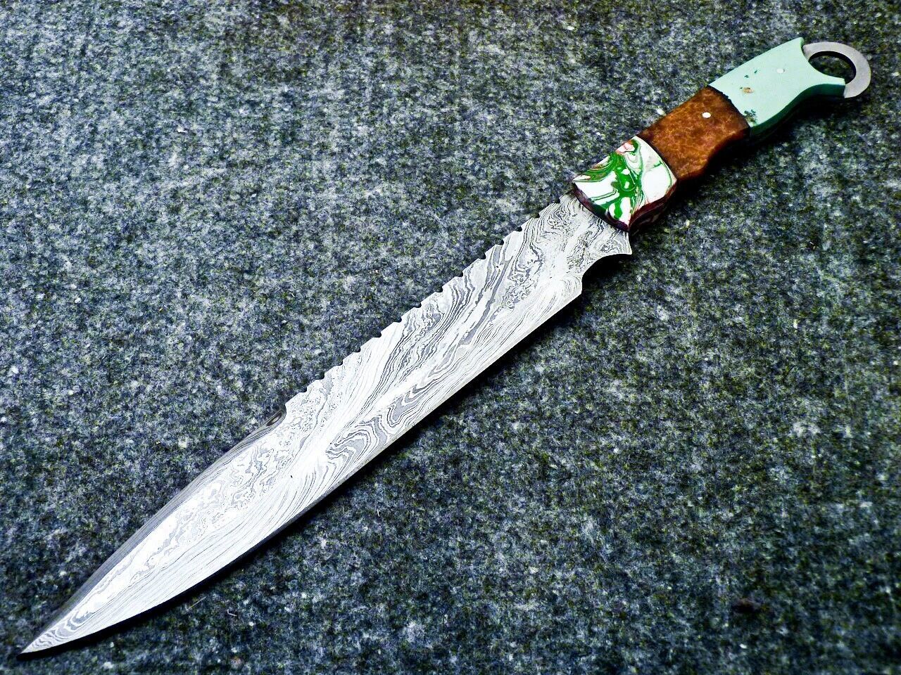 Heritage Forge 16 Inch Damascus Steel Bowie Knife with Resin Handle and Leather Sheath
