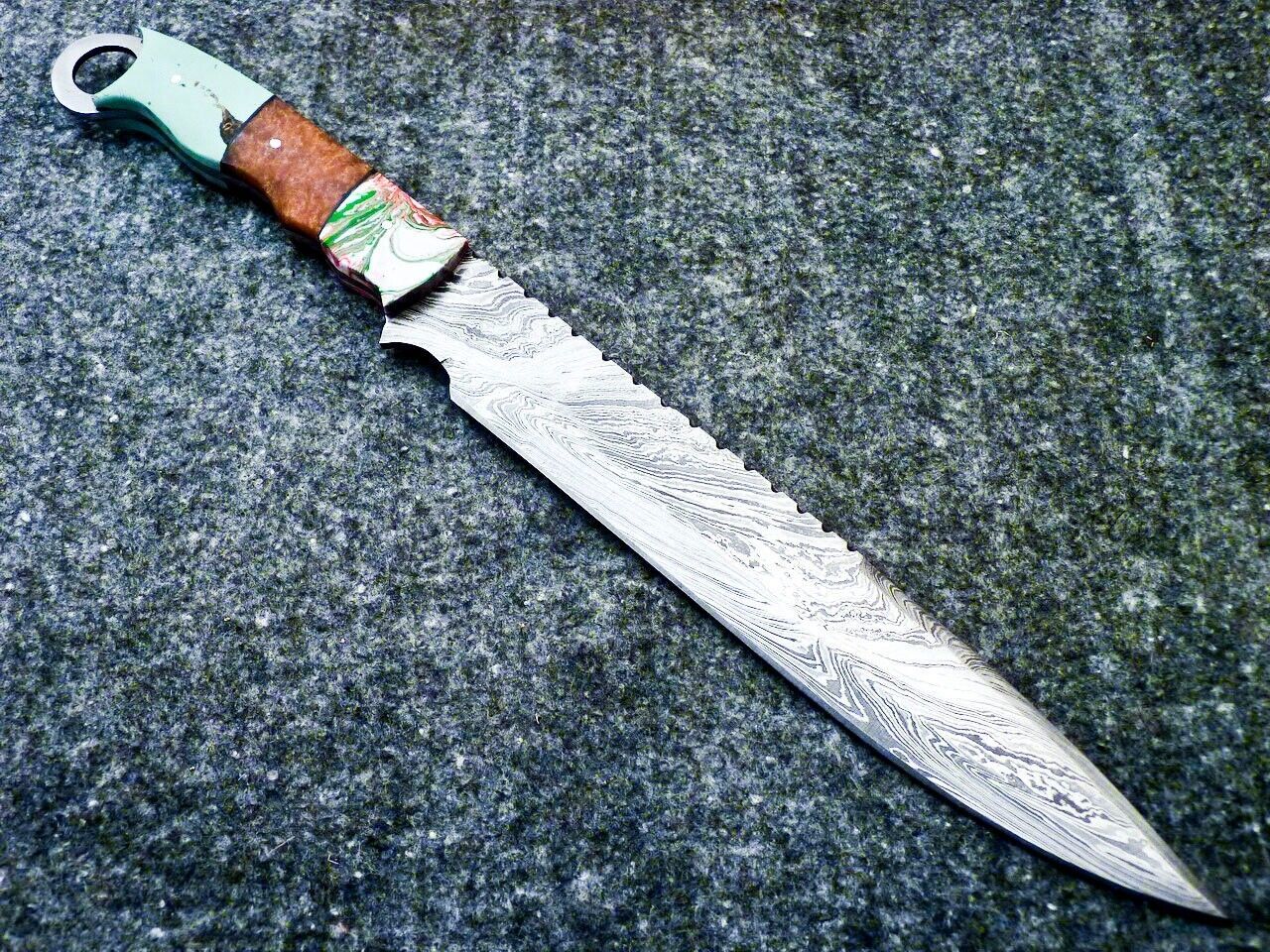 Heritage Forge 16 Inch Damascus Steel Bowie Knife with Resin Handle and Leather Sheath