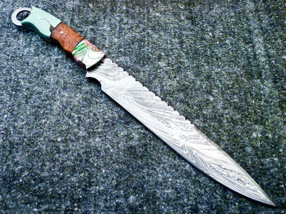 Heritage Forge 16 Inch Damascus Steel Bowie Knife with Resin Handle and Leather Sheath