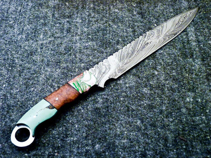 Heritage Forge 16 Inch Damascus Steel Bowie Knife with Resin Handle and Leather Sheath