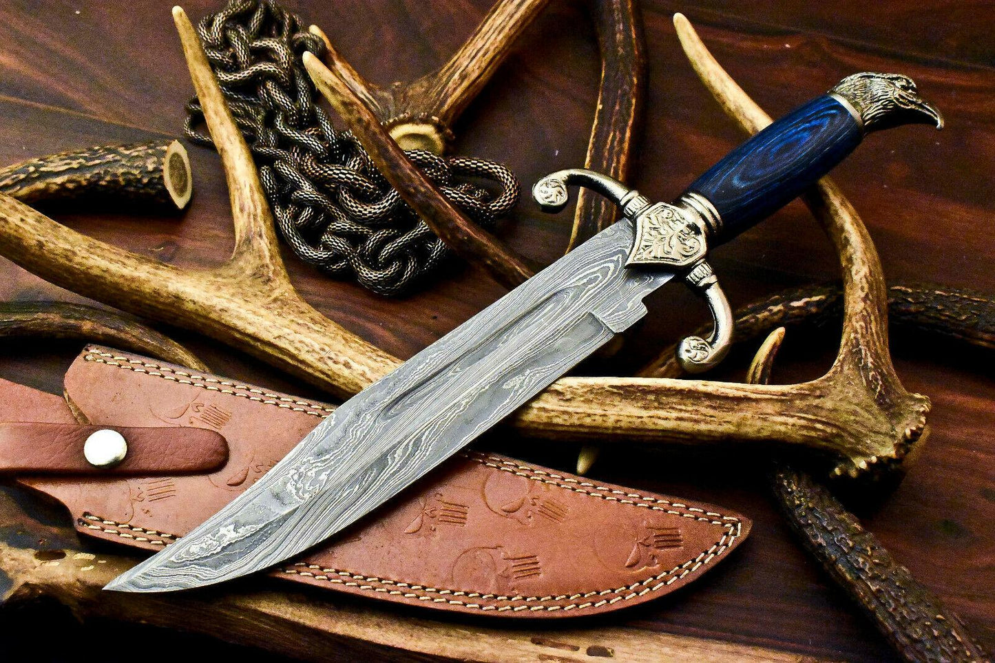 14" Handmade Damascus Steel Bowie Knife – Hardwood Handle with Leather Sheath