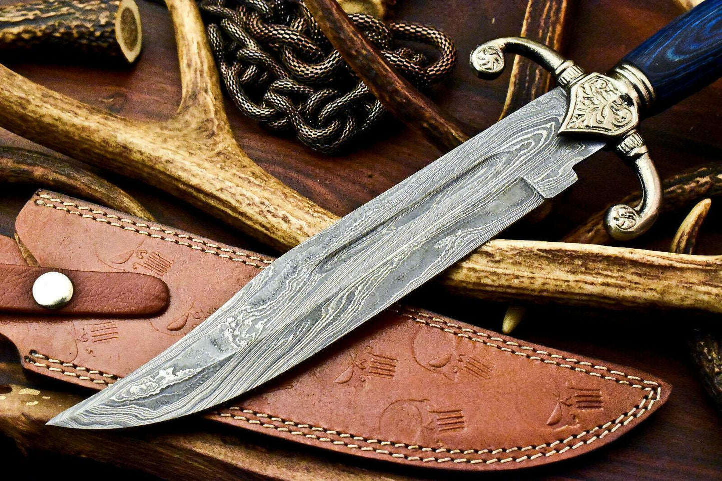 14" Handmade Damascus Steel Bowie Knife – Hardwood Handle with Leather Sheath