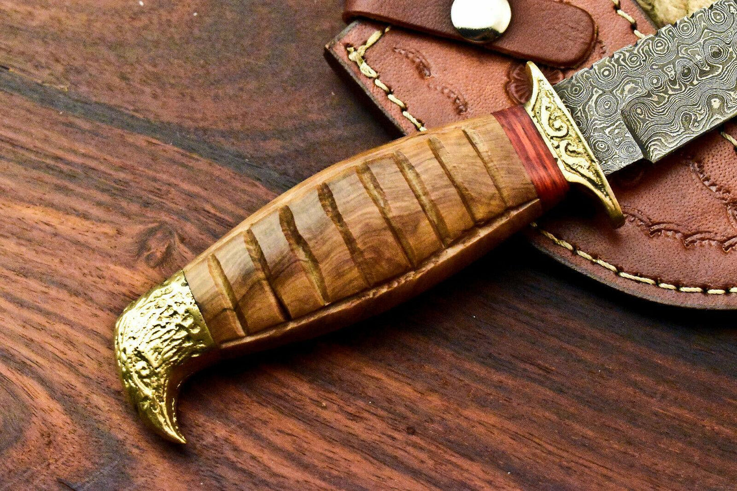 Compact Handmade Damascus Steel Bowie Knife – 8.5" with Walnut Wood Handle