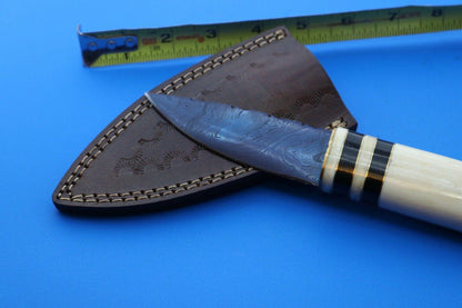 Handmade Damascus Steel Skinner Knife | Fixed Blade Hunting Knife with Leather Sheath
