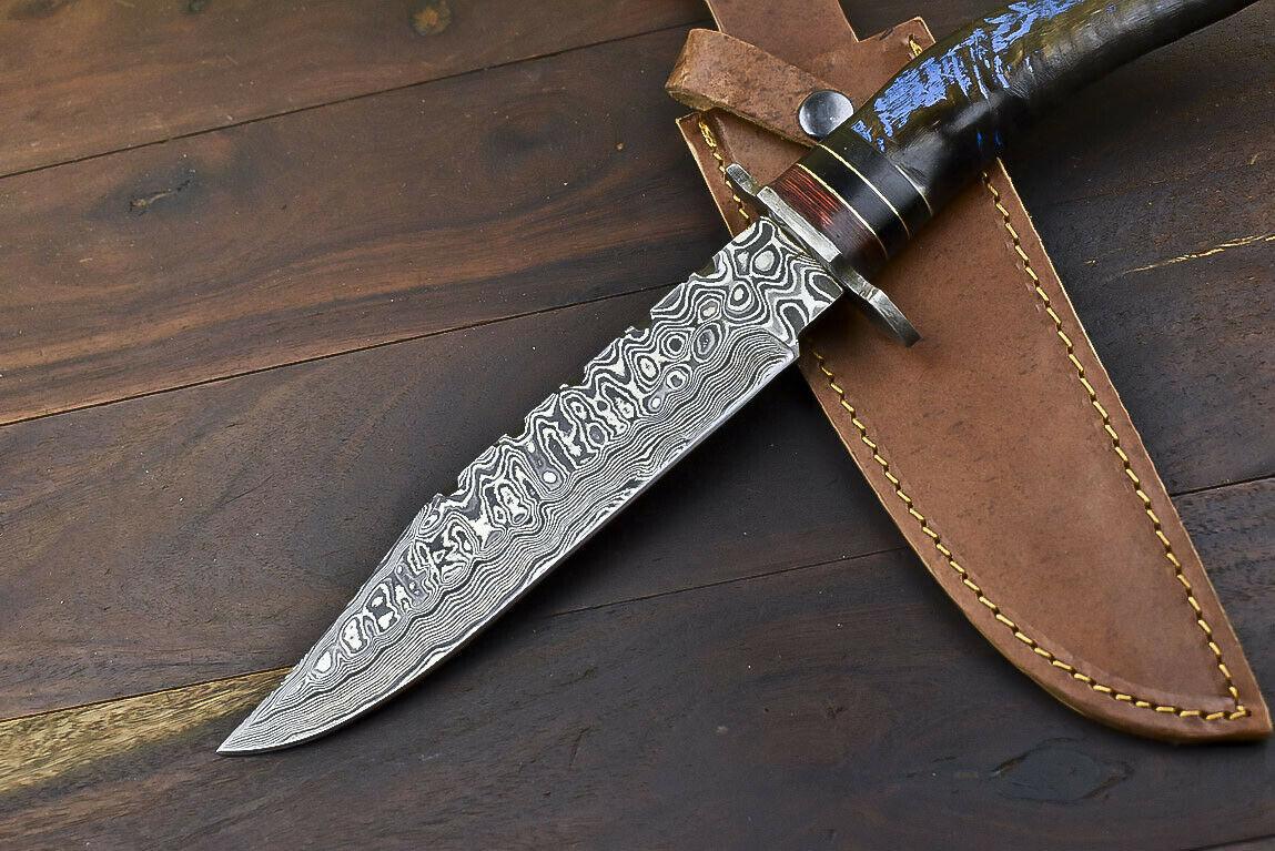 14.5" Damascus Steel Bowie Knife with Ram’s Horn Handle – Full Tang Trailing Blade
