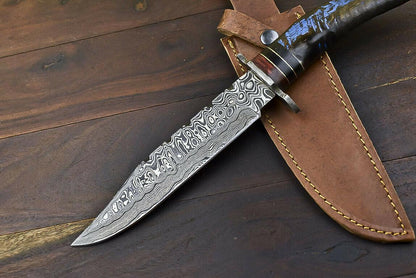 14.5" Damascus Steel Bowie Knife with Ram’s Horn Handle – Full Tang Trailing Blade