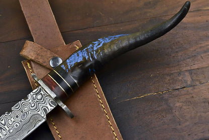 14.5" Damascus Steel Bowie Knife with Ram’s Horn Handle – Full Tang Trailing Blade