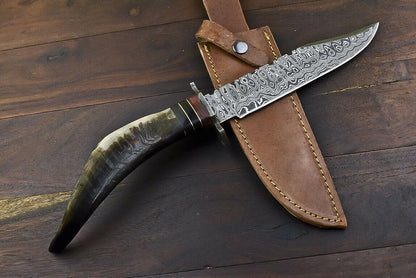 14.5" Damascus Steel Bowie Knife with Ram’s Horn Handle – Full Tang Trailing Blade