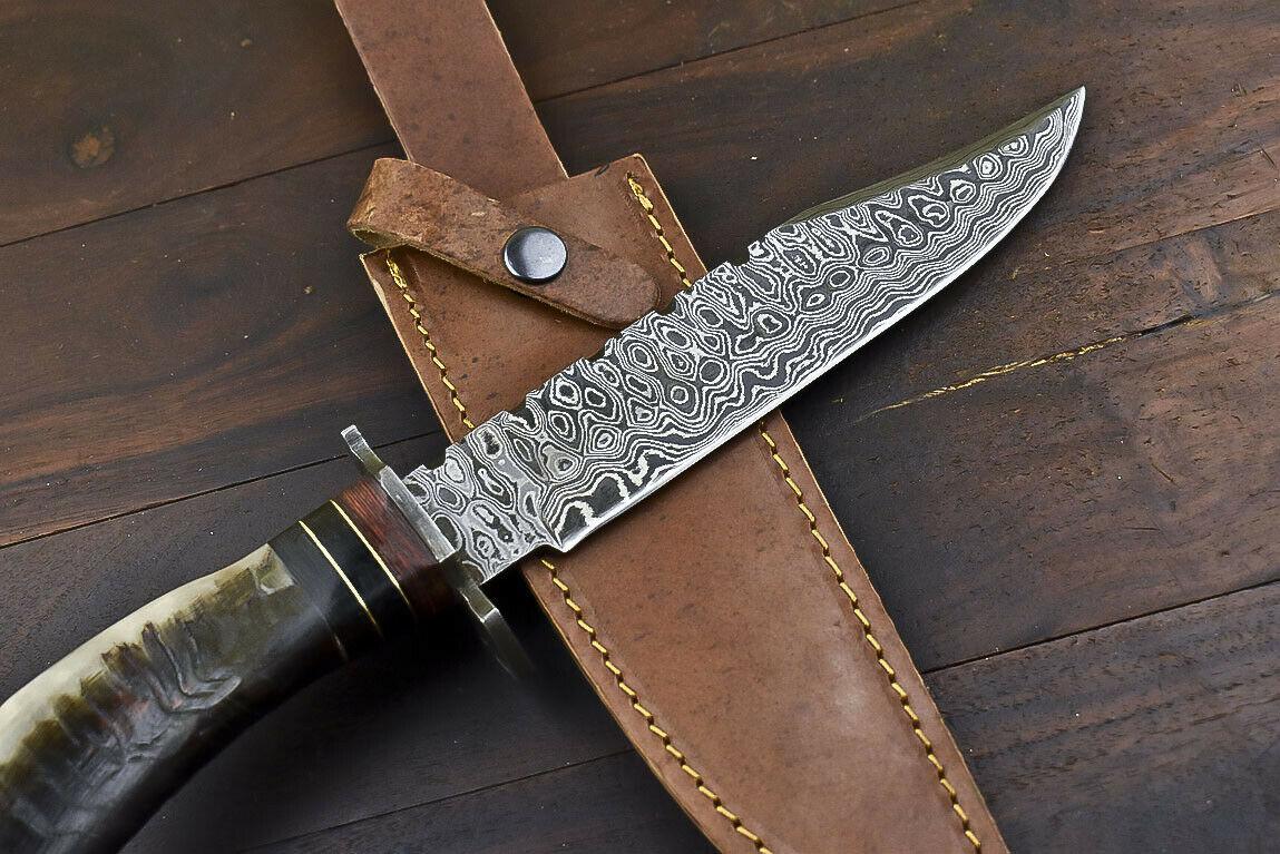 14.5" Damascus Steel Bowie Knife with Ram’s Horn Handle – Full Tang Trailing Blade