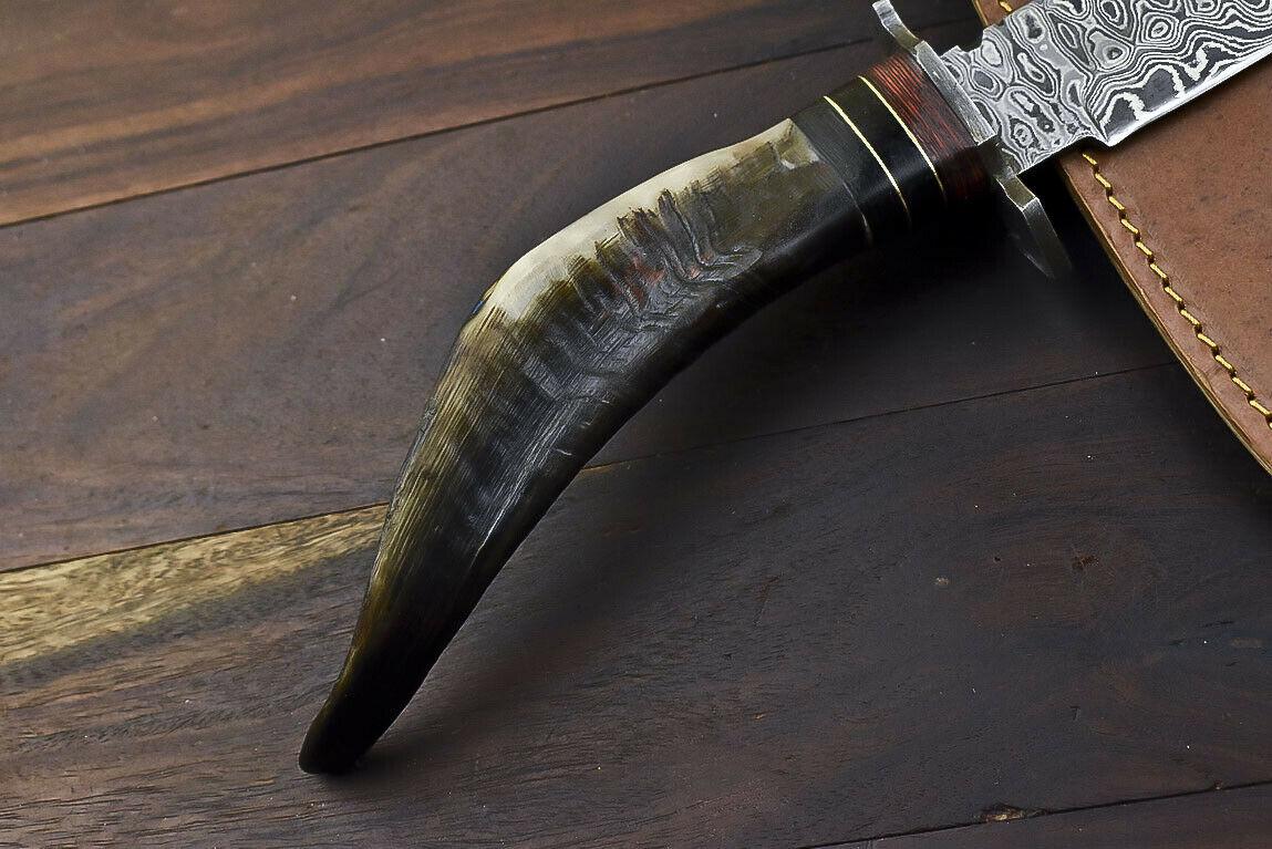 14.5" Damascus Steel Bowie Knife with Ram’s Horn Handle – Full Tang Trailing Blade