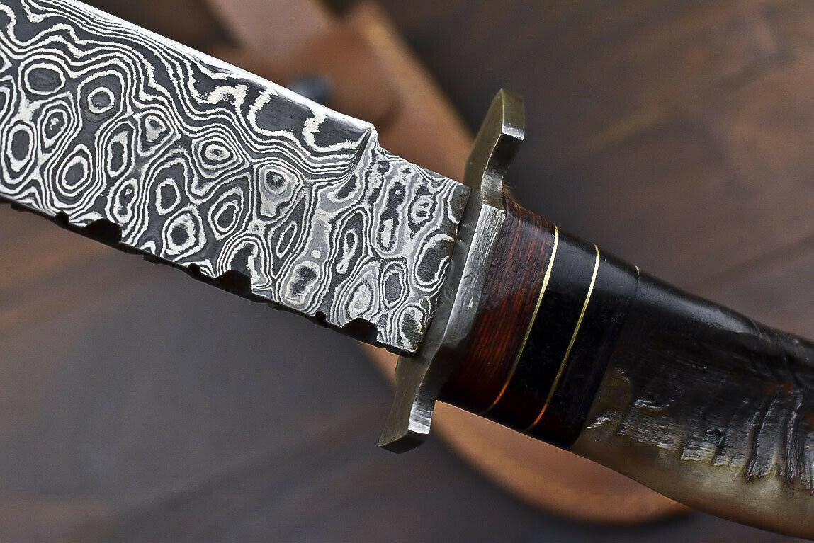 14.5" Damascus Steel Bowie Knife with Ram’s Horn Handle – Full Tang Trailing Blade