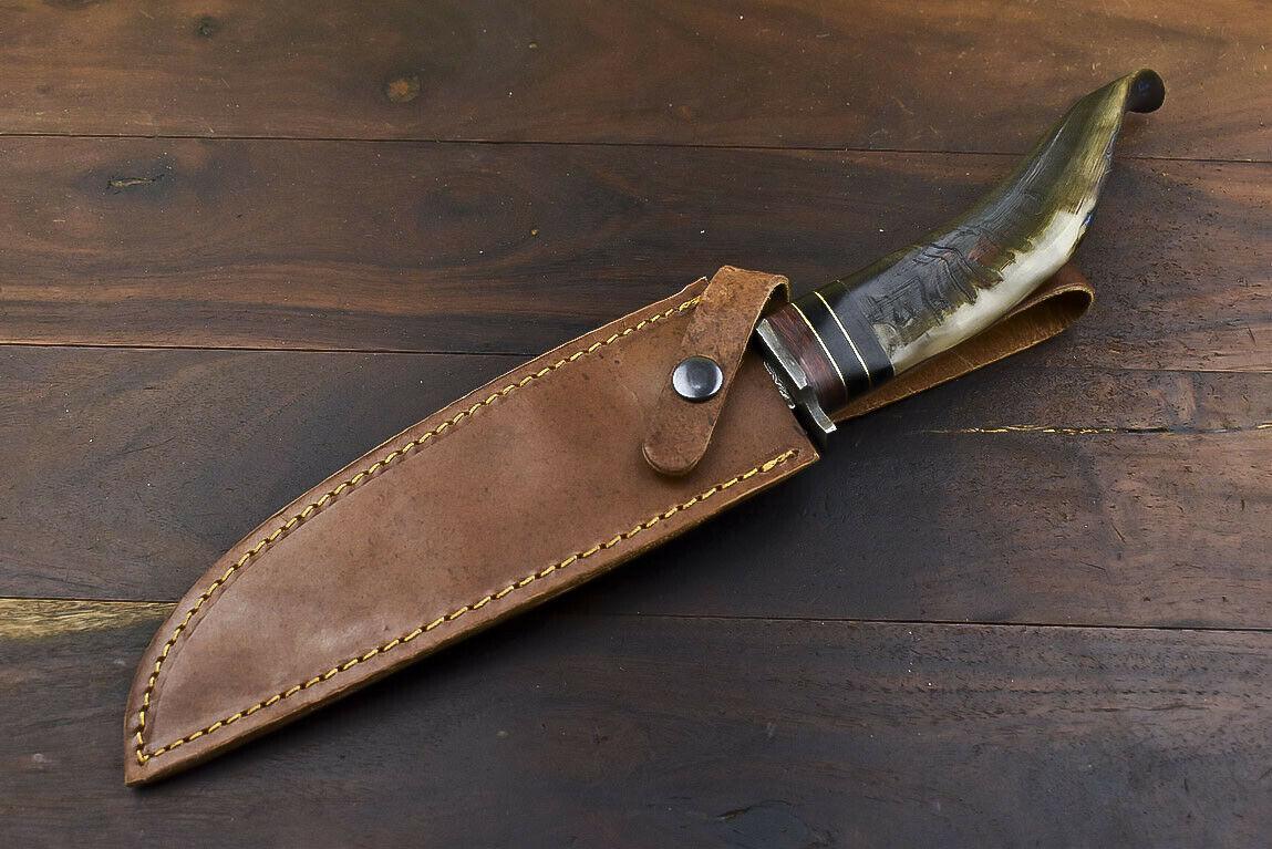 14.5" Damascus Steel Bowie Knife with Ram’s Horn Handle – Full Tang Trailing Blade
