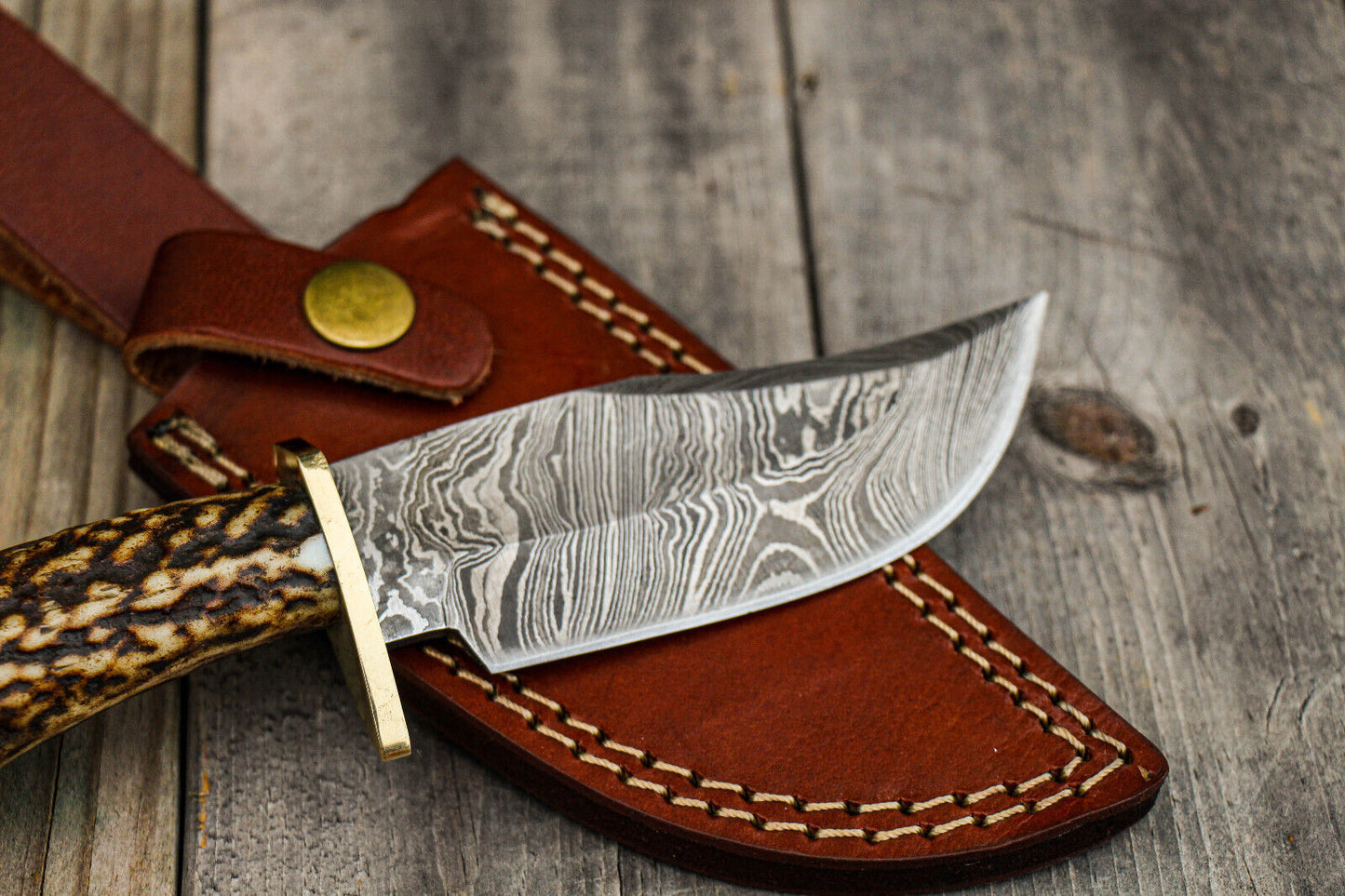9" Damascus Steel Bowie Knife – Stag Antler Handle & Brass Guard