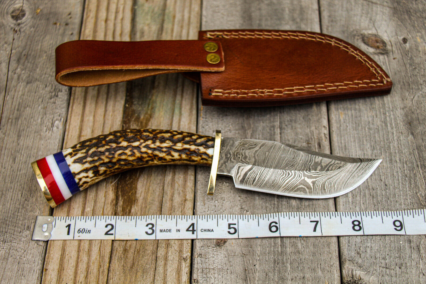 9" Damascus Steel Bowie Knife – Stag Antler Handle & Brass Guard