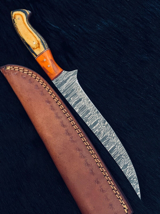 12.5" Custom Handmade Damascus Fillet Knife Fire Damascus Steel Knife W/Sheath