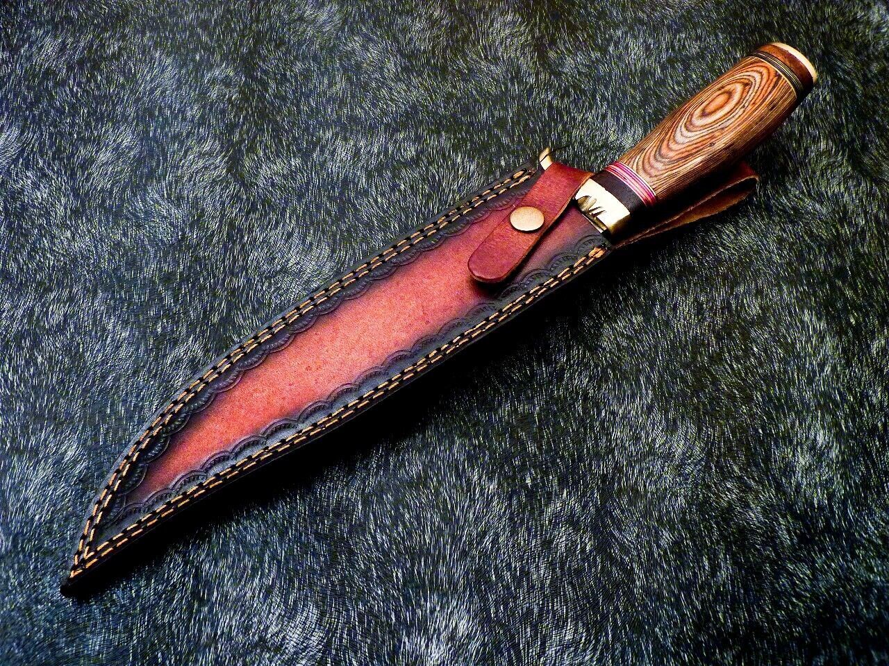Heritage Forge 15 Inch Damascus Steel Bowie Knife with Hardwood Handle and Brass Bolster