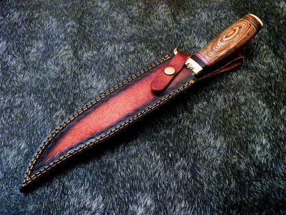 Heritage Forge 15 Inch Damascus Steel Bowie Knife with Hardwood Handle and Brass Bolster