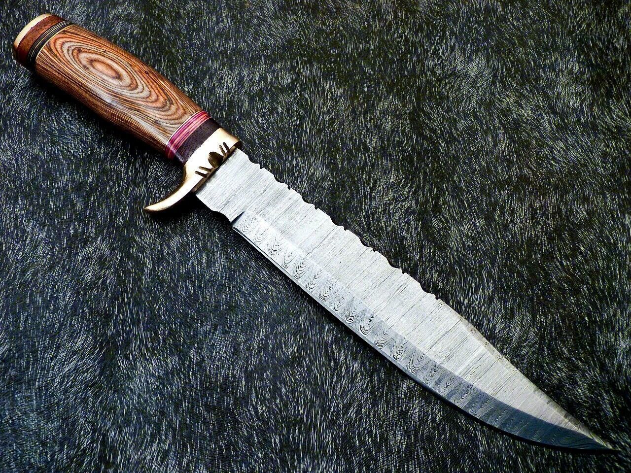 Heritage Forge 15 Inch Damascus Steel Bowie Knife with Hardwood Handle and Brass Bolster