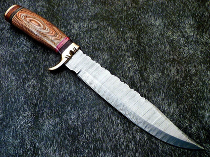Heritage Forge 15 Inch Damascus Steel Bowie Knife with Hardwood Handle and Brass Bolster