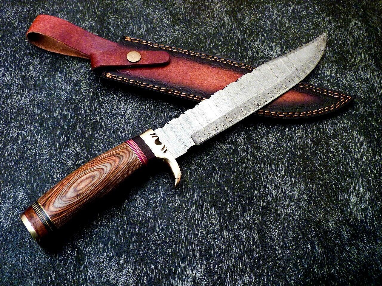 Heritage Forge 15 Inch Damascus Steel Bowie Knife with Hardwood Handle and Brass Bolster