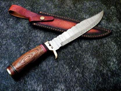 Heritage Forge 15 Inch Damascus Steel Bowie Knife with Hardwood Handle and Brass Bolster