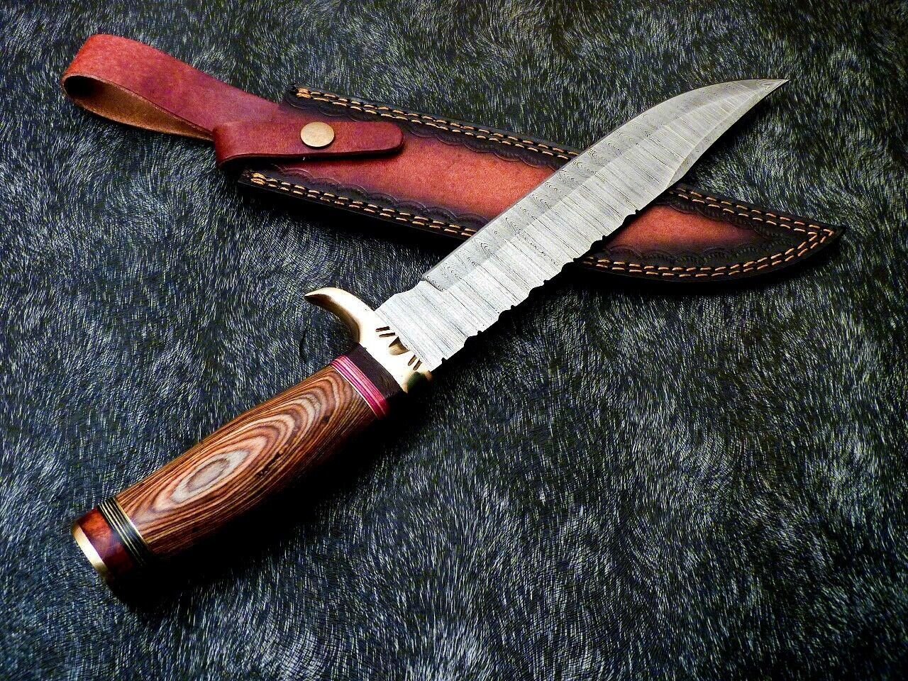 Heritage Forge 15 Inch Damascus Steel Bowie Knife with Hardwood Handle and Brass Bolster