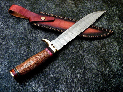Heritage Forge 15 Inch Damascus Steel Bowie Knife with Hardwood Handle and Brass Bolster