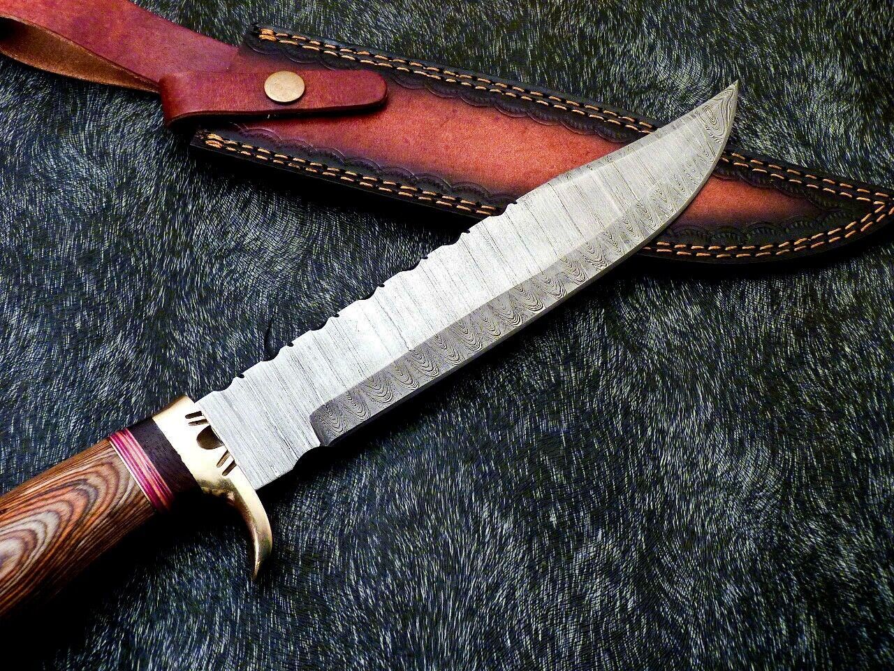 Heritage Forge 15 Inch Damascus Steel Bowie Knife with Hardwood Handle and Brass Bolster