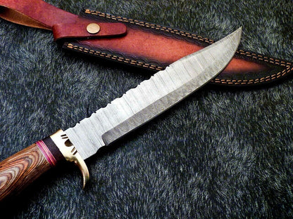 Heritage Forge 15 Inch Damascus Steel Bowie Knife with Hardwood Handle and Brass Bolster