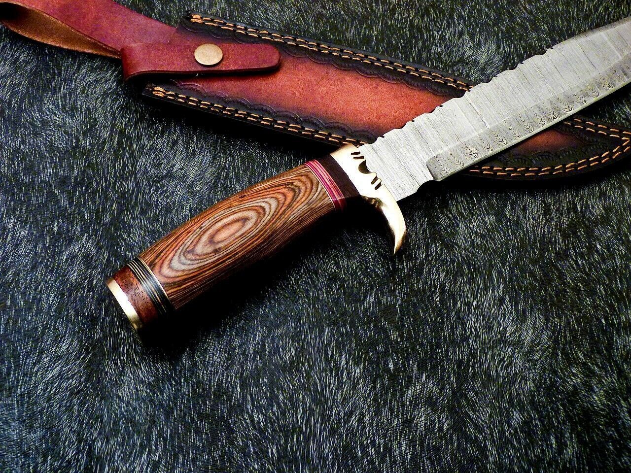 Heritage Forge 15 Inch Damascus Steel Bowie Knife with Hardwood Handle and Brass Bolster