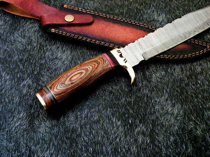 Heritage Forge 15 Inch Damascus Steel Bowie Knife with Hardwood Handle and Brass Bolster