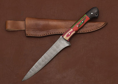 Premium Custom Handmade Damascus Steel Chef Fillet Knife with Pakka Wood Handle & Leather Sheath