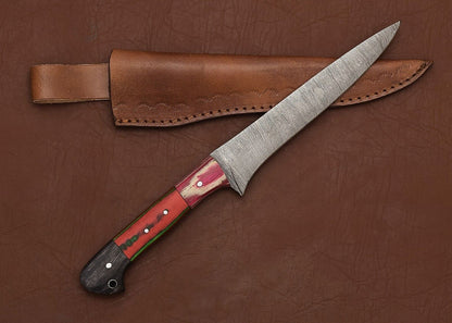 Premium Custom Handmade Damascus Steel Chef Fillet Knife with Pakka Wood Handle & Leather Sheath