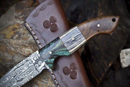 Rain Drop Damascus Skinner Knife with Hardwood Handle EDC Hunting Blade