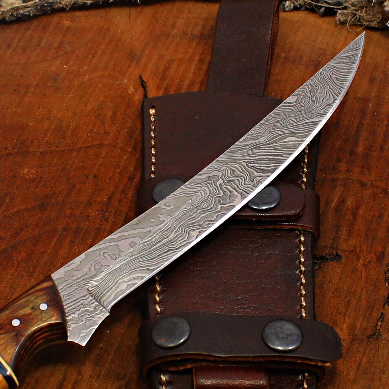 Custom Handmade Damascus Fillet Knife Damascus Steel Fillet Knife With Leather Sheath
