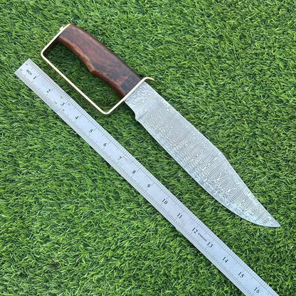 15 Inch Custom Handmade Damascus Steel Bowie Knife with Wood Handle