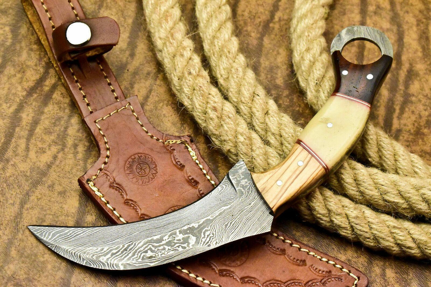 11" Handmade Damascus Karambit Full Tang Karambit Damascus Steel Knife With Bone and Wood Handle