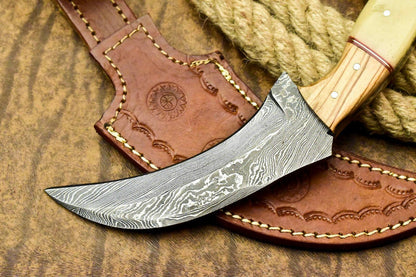 11" Handmade Damascus Karambit Full Tang Karambit Damascus Steel Knife With Bone and Wood Handle