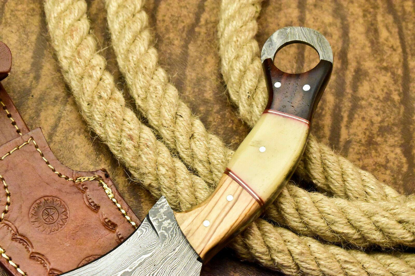 11" Handmade Damascus Karambit Full Tang Karambit Damascus Steel Knife With Bone and Wood Handle