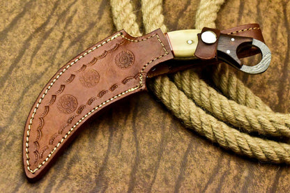 11" Handmade Damascus Karambit Full Tang Karambit Damascus Steel Knife With Bone and Wood Handle