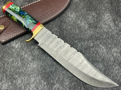 15" Hand Forged Damascus Bowie Knife | Resin Handle & Leather Sheath