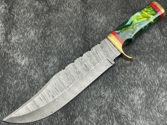 15" Hand Forged Damascus Bowie Knife | Resin Handle & Leather Sheath