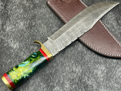 15" Hand Forged Damascus Bowie Knife | Resin Handle & Leather Sheath