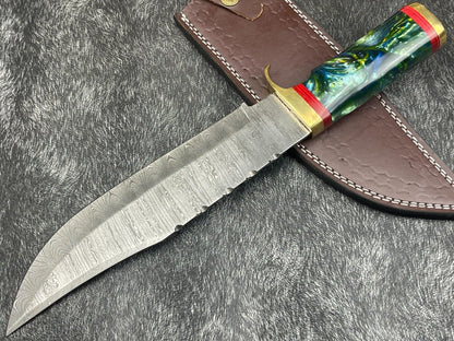 15" Hand Forged Damascus Bowie Knife | Resin Handle & Leather Sheath