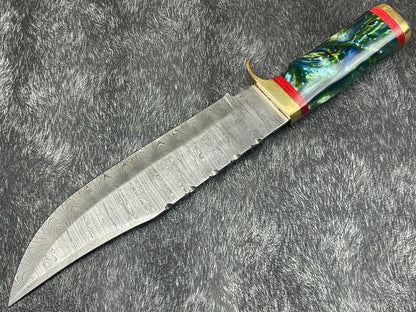15" Hand Forged Damascus Bowie Knife | Resin Handle & Leather Sheath