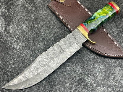 15" Hand Forged Damascus Bowie Knife | Resin Handle & Leather Sheath