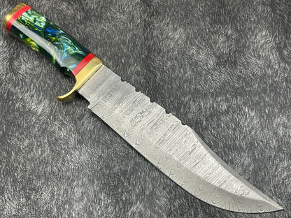 15" Hand Forged Damascus Bowie Knife | Resin Handle & Leather Sheath