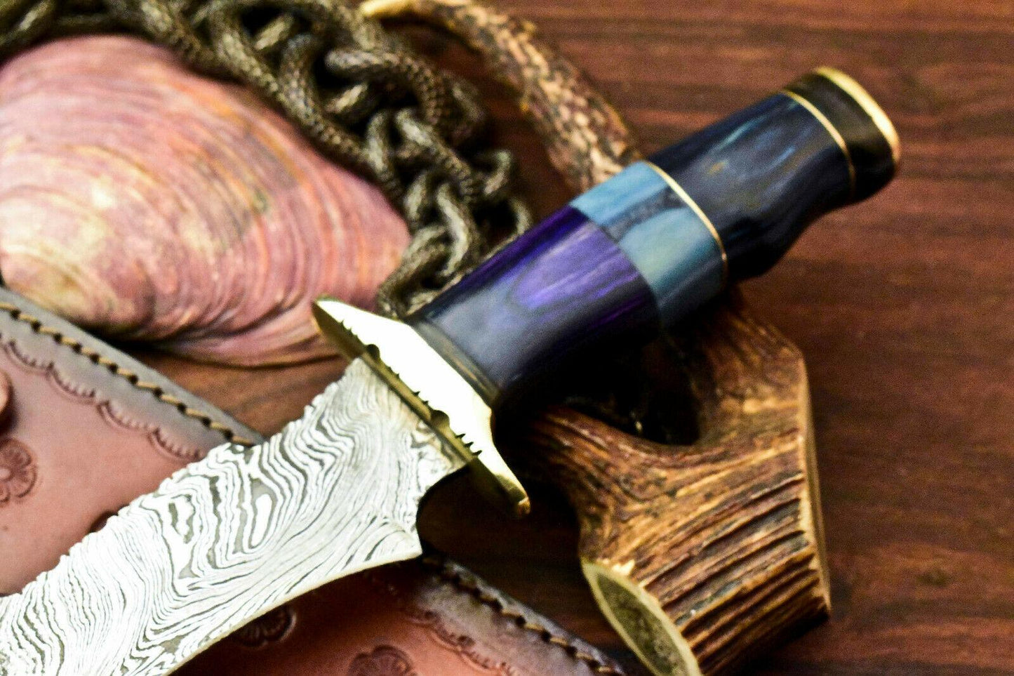 Desert Fang 13.5 Inch Damascus Bowie Knife | Camel Bone Handle with Leather Sheath