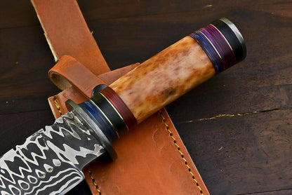 12" Damascus Bowie Knife with Camel Bone Handle –  Gambler’s Edition